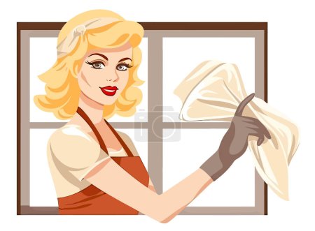 Illustration for Hardworking housemaid woman washing windows with a rag for professional glass cleaning services. This illustration accurately depicts the importance of professional cleaning and housekeeping services in maintaining a clean and hygienic environment. - Royalty Free Image