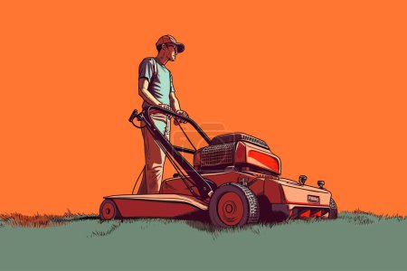 Illustration for Man mowing the lawn was AI generated and showcases the beauty of a well-manicured lawn against a vibrant orange sky background. For professional landscaping business. - Royalty Free Image