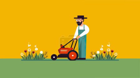 Téléchargez les illustrations : Lawn mowing landscaping service, strong and efficient man mowing the lawn for a professional gardening experience. - en licence libre de droit