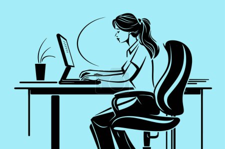 Ilustración de Office work woman working on computer desk and chair line art profile view of freelancer homework student - Imagen libre de derechos