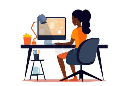 Ilustración de Oficina trabajo mujer trabajando en computadora escritorio y silla perfil vista de freelancer tarea estudiante ai generado - Imagen libre de derechos