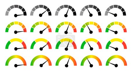 Illustration for Speedometer gauge meter icons. Vector scale, level of performance. Speed indicator .Infographic of risk, gauge, score progress. - Royalty Free Image