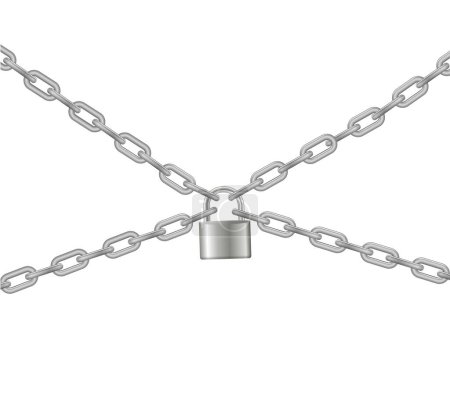 Padlock and chain. Gray metal chain and padlock, handcuffed card, vector.
