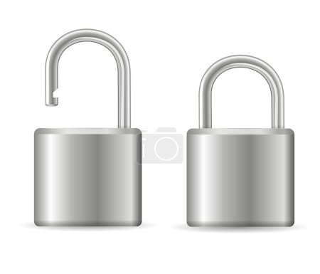Téléchargez les illustrations : Metallic padlocks set. Steel silver closed and open padlock isolated. Chrome locks template.Vector illustration - en licence libre de droit