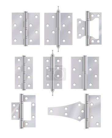 Ilustración de Bisagras de puerta de acero en estilo realista. Conjunto de varios equipos de embutir metálicos para apertura de fijación ajustable aislado en blanco. ilustración vectorial - Imagen libre de derechos