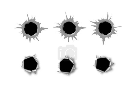 Illustration for Ragged hole in metal from bullets on white transparent background. Vector illustration - Royalty Free Image