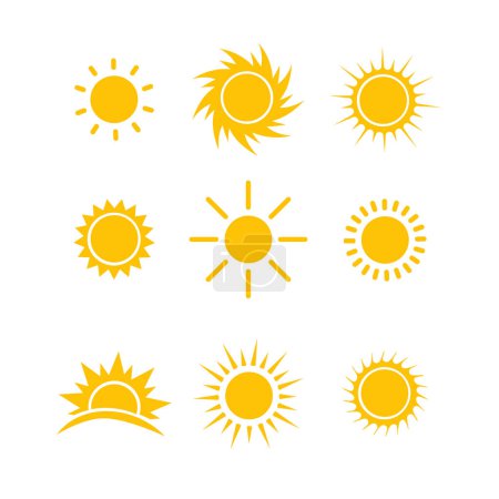 Téléchargez les illustrations : Ensemble vectoriel icône soleil. Design plat. Collection d'étoiles solaires. Logo ou icône météo. - en licence libre de droit