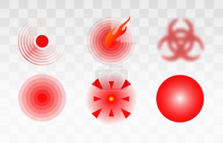 Pain red circle or localization mark, aching place sign abstract symbol of pain, sore spot or hurt body part marker medical information posters.