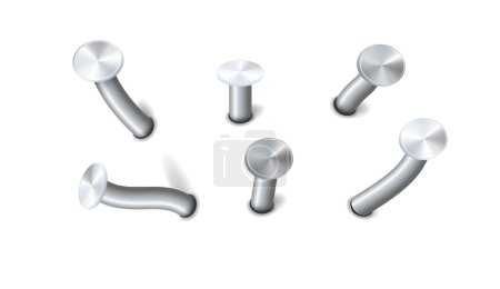 Nails hammered into wall steel straight and bent metal hardware spikes. Hobnails with grey caps top view isolated on transparent background. Vector illustration