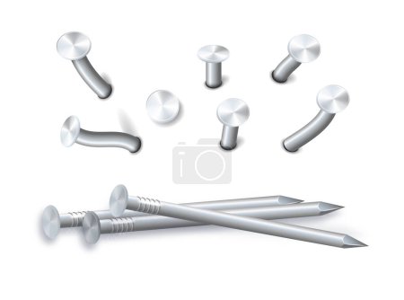 Nails hammered into wall steel straight and bent metal hardware spikes. Hobnails with grey caps top view isolated on transparent background. Vector illustration