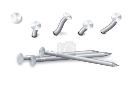 Illustration for Nails hammered into wall steel straight and bent metal hardware spikes. Hobnails with grey caps top view isolated on transparent background. Vector illustration - Royalty Free Image