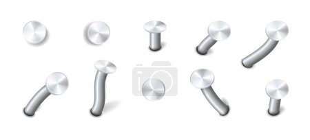 Illustration for Nails hammered into wall steel straight and bent metal hardware spikes. Hobnails with grey caps top view isolated on transparent background. Vector illustration - Royalty Free Image