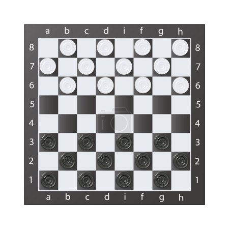 échiquiers sur fond en bois. Draughts, jeu avec des pièces en noir et blanc. Illustration vectorielle