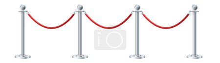 Retractable belt rack. Portable tape barrier. Red carpet with red ropes on silver stanchions. Exclusive event, movie premiere, gala, ceremony, awards concept. Vector stock illustration.