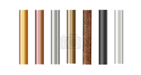 Pipe set isolated on background. Chrome, rusty, steel, golden, copper and iron pipes profile. Cylinder metal tubes. Vector illustration