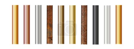 Pipe set isolated on background. Chrome, rusty, steel, golden, copper and iron pipes profile. Cylinder metal tubes. Vector illustration