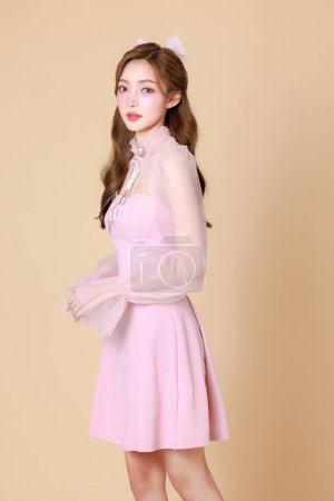 Téléchargez les photos : Jeune femme asiatique mignonne dans une robe élégante rose, maquillage de style coréen, hydratée, lisse, peau parfaite sur un fond beige. Traitement du visage, cosmétologie, chirurgie plastique. - en image libre de droit