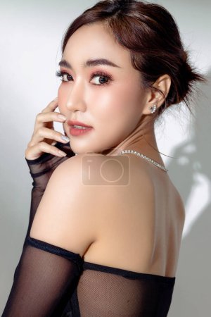 Photo for High fashion of perfect slim body beautiful face young elegant woman in sexy dress on isolated background. Portrait of female model in studio. plastic surgery and aesthetic cosmetology. - Royalty Free Image