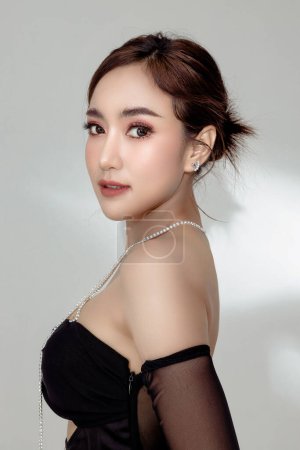 Photo for High fashion of perfect slim body beautiful face young elegant woman in sexy dress on isolated background. Portrait of female model in studio. plastic surgery and aesthetic cosmetology. - Royalty Free Image