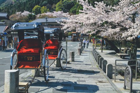 Foto de El rickshaw tradicional japonés en Arashiyama, Japón. 12 abril 2012 - Imagen libre de derechos
