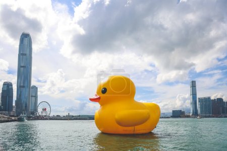 Photo for Maritime Fun, giant Rubber Duck in HK harbor gateway , June 9 2023 - Royalty Free Image