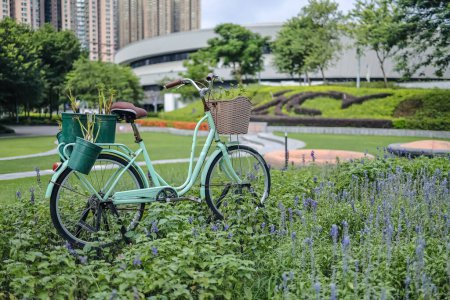 Téléchargez les photos : Cheerful flower bed with a charming bicycle parked - en image libre de droit