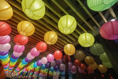 Photo for Oct 4 2023 - Hong Kong: Paper lanterns on the hallway, Mid Autumn festival - Royalty Free Image