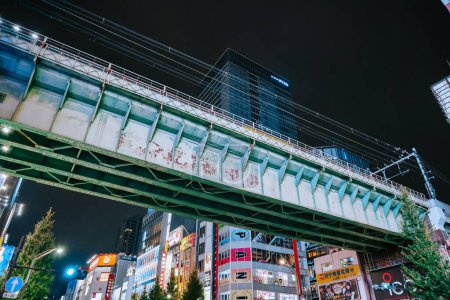Téléchargez les photos : 26 nov. 2023 Paysage nocturne d'un pont ferroviaire illuminé - en image libre de droit
