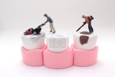 Foto de Un trabajador en miniatura limpia y corrige el modelo de dientes - Imagen libre de derechos