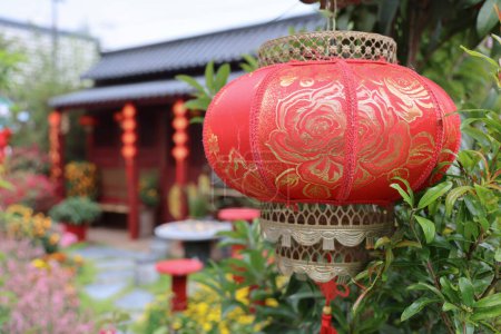 Photo for A Red lantern decoration at Traditional garden - Royalty Free Image