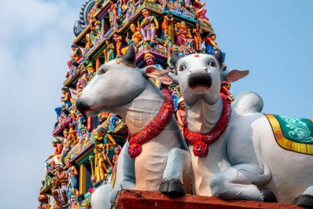 Colorful figures at a landmark Hindu temple in Singapore