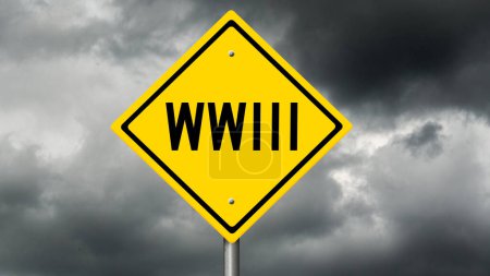 Yellow diamond highway sign with clouds in the background for WWIII