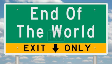 Green highway sign and exit with END OF THE WORLD
