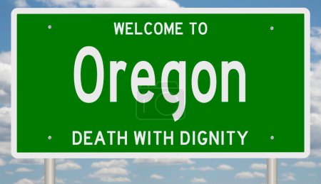 Green highway sign for Oregon highlighting the state's liberal laws on assisted suicide