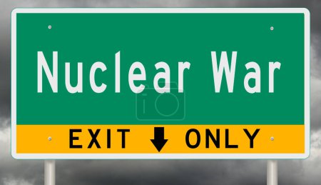 Storm clouds behind a green highway sign and exit with NUCLEAR WAR