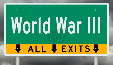 Storm clouds behind a green highway sign and exit with WORLD WAR III