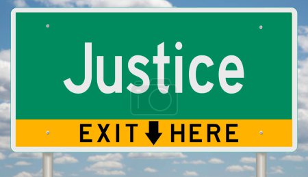 Green and yellow highway exit sign with arrow for JUSTICE