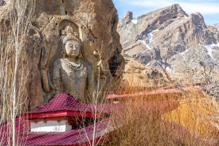 Photo for Landmark carved stone Buddha at the Mulbekh Gompa near Kargil in northern India - Royalty Free Image