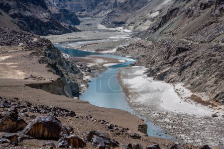 Türkisfarbenes Wasser des Shyok-Flusses in Nordindien nahe der Grenze zu Tibet