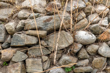 Foto de Tamaños, formas y colores mezclados de piedras de campo que forman una pared de roca en el pueblo indio del norte de Turtuk - Imagen libre de derechos