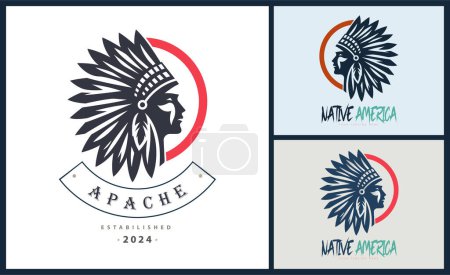 Ilustración de Apache indio azteca nativo americano guerrero tribus cara cabeza logo plantilla diseño - Imagen libre de derechos