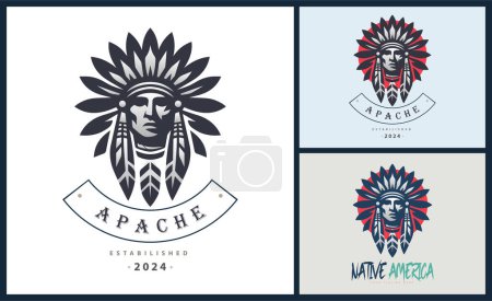 Ilustración de Apache indio azteca nativo americano guerrero tribus cara cabeza logo plantilla diseño - Imagen libre de derechos