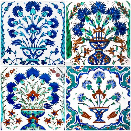 Set de jarrones florales pintados a mano Azulejos turcos del harén imperial otomano en el Palacio de Topkapi, Estambul, Turquía.