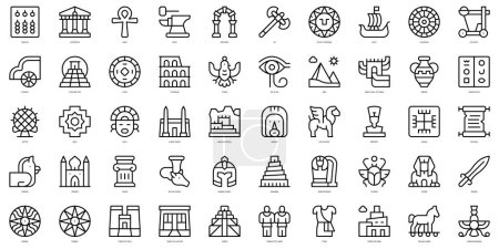 Téléchargez les illustrations : Ensemble d'icônes de civilisation antique de ligne mince. Illustration vectorielle - en licence libre de droit