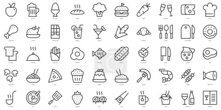 Téléchargez les illustrations : Ensemble de lignes minces de nourriture et d'icônes de restaurant. Illustration vectorielle - en licence libre de droit