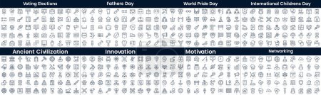 Linear Style Icons Pack. In this bundle include voting elections, fathers day, world pride day, international childrens day, ancient civilization, innovation, motivation, networking