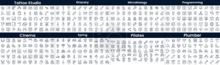 Linear Style Icons Pack. In this bundle include tattoo studio, grocery, microbiology, programming, cinema, spring, pilates, plumber