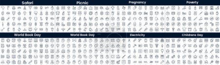 Linear Style Icons Pack. In diesem Paket enthalten sind Safari, Picknick, Schwangerschaft, Armut, Welttag des Buches, psychische Gesundheit, Strom, Kindertag