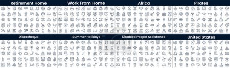 Linear Style Icons Pack. In this bundle include retirement home, work from home, africa, pirates, discotheque, summer holidays, disabled people assistance, united states