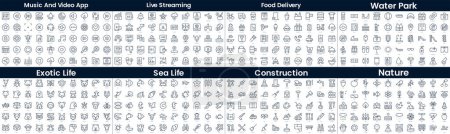 Linear Style Icons Pack. In this bundle include music and video app, live streaming, food delivery, water park, exotic life, sea life, construction, nature